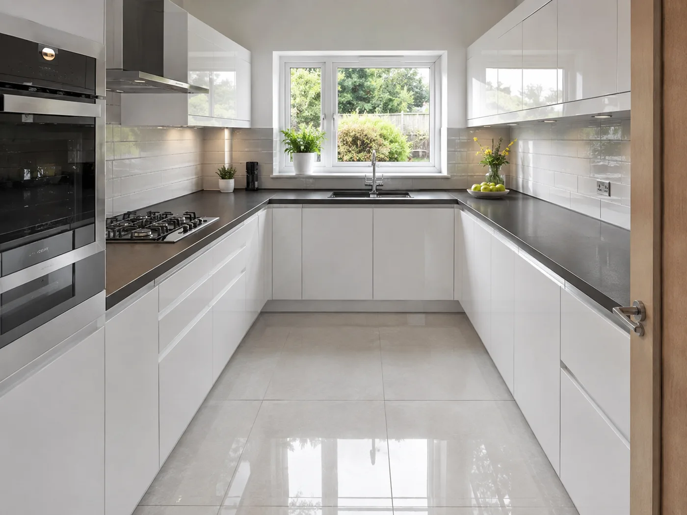 The same kitchen after a deep clean, with clear, polished worktops