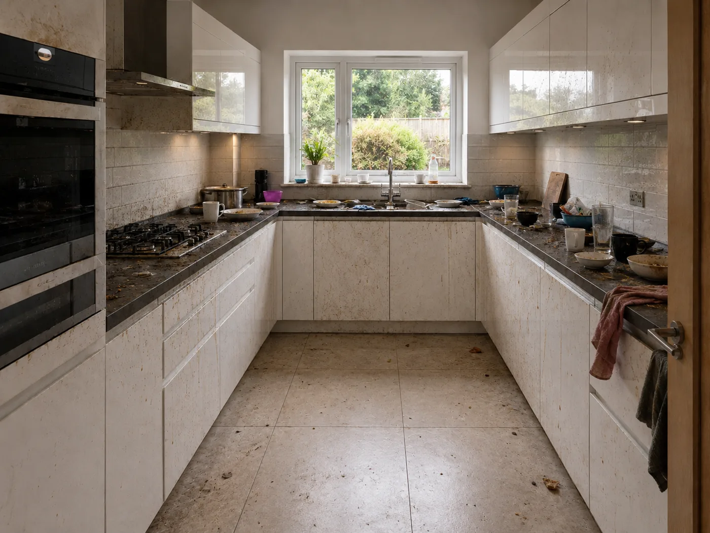A kitchen before cleaning, with greasy worktops and cluttered surfaces